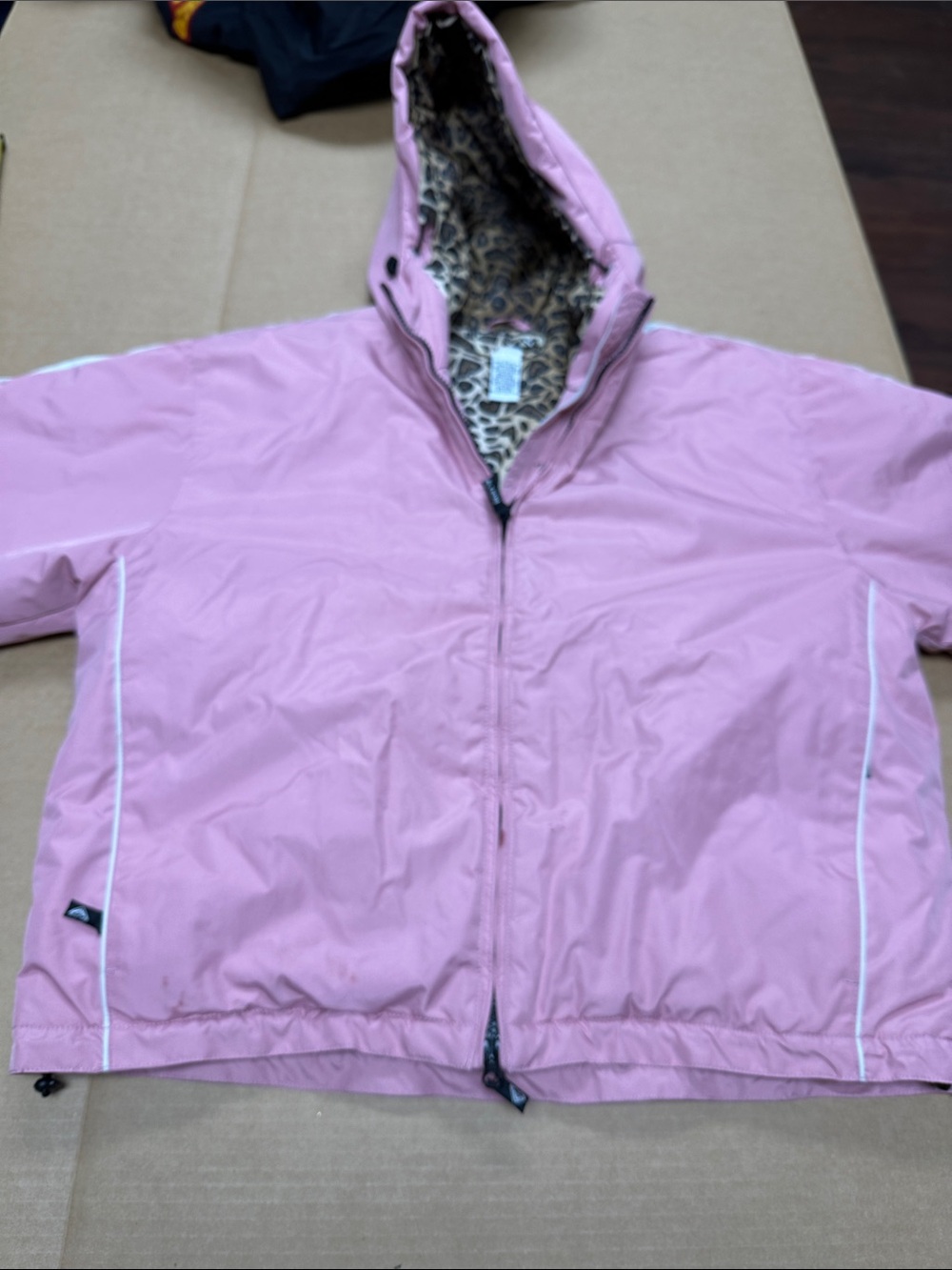 ##890, Roxy Girls Pink Hooded Puffer Jacket with Leopard Lining